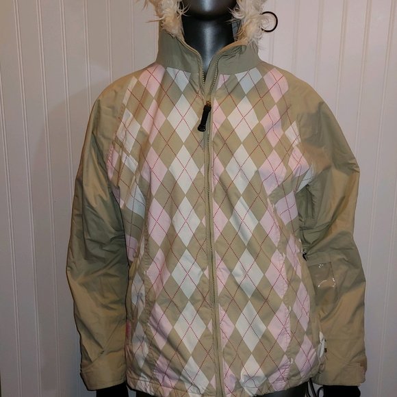 Roxy 5000 Snow Argyle Pink & Tan Jacket - M - Picture 1 of 8